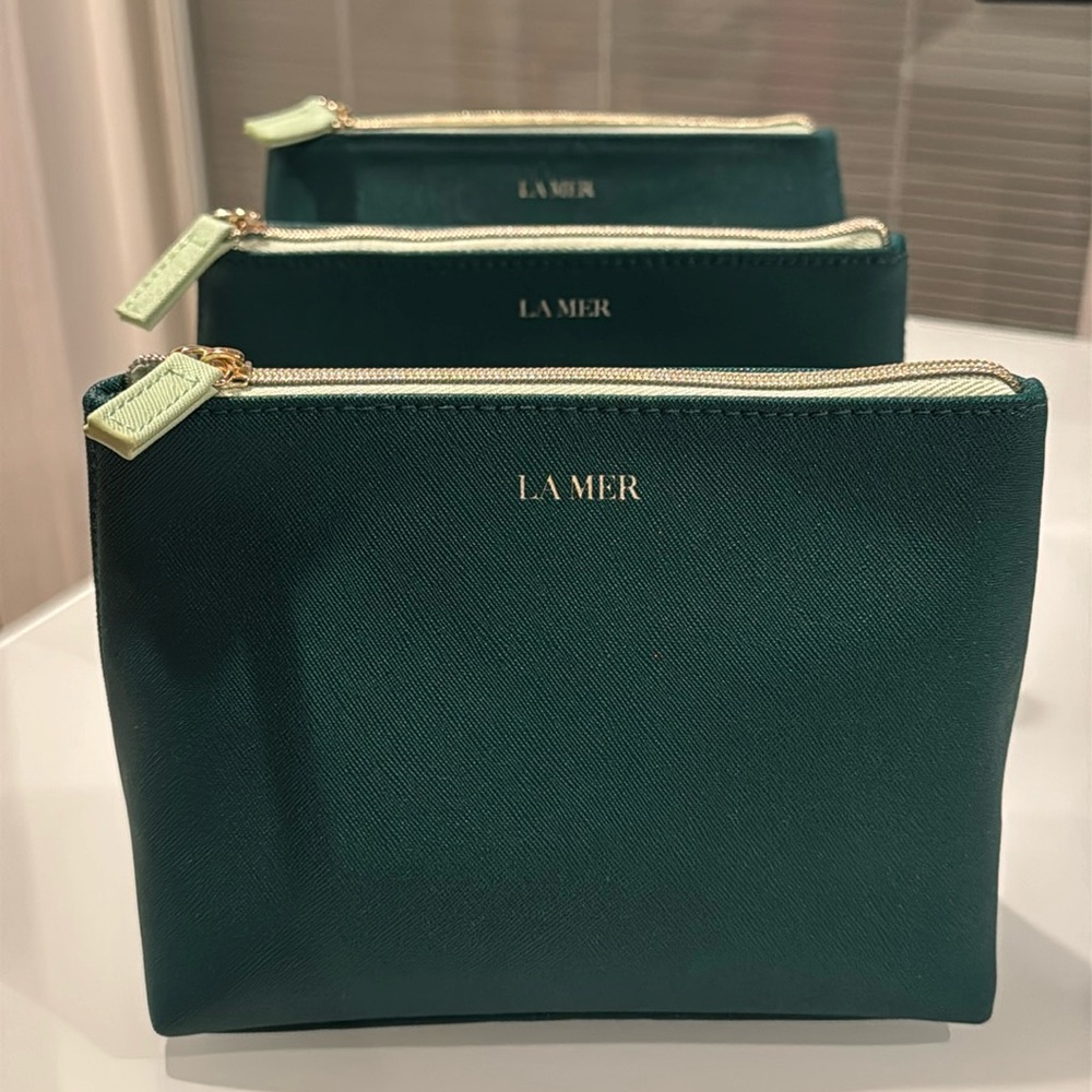 3 Brand NEW La Mer Cosmetic Bags, Forest Green and Mint Green